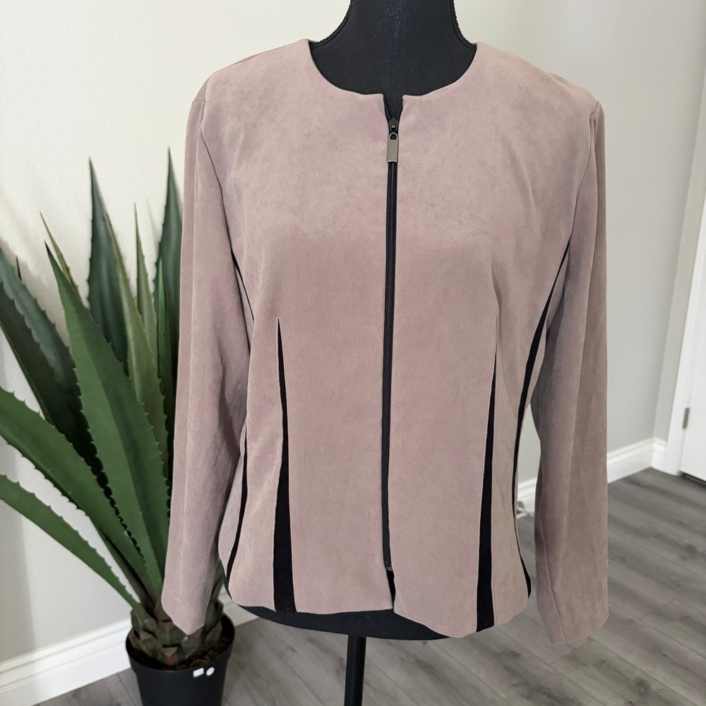 Positive Attitude Taupe Black Contrast Zip Jacket Womens 12P Vintage Officewear